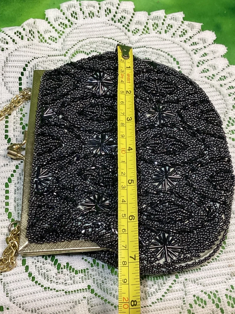 Vintage Black Beaded Evening Clutch with Gold Chain Handmade Hong Kong Kiss Lock